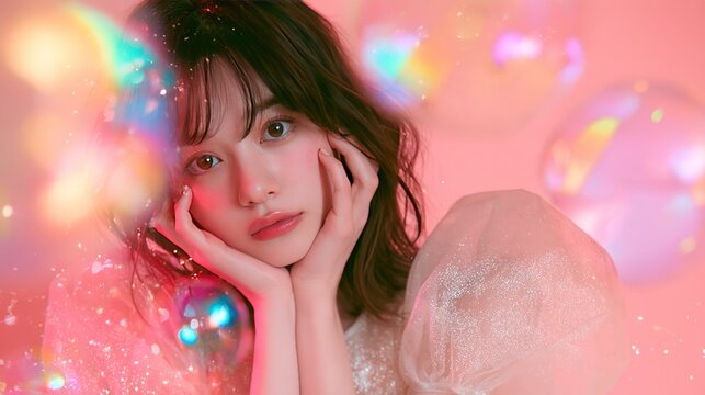 Close‑up portrait of young East Asian woman with bangs cupping her face, glitter white dress with puff sleeves, dreamy pink bokeh bubble backdrop, rainbow light leaks and star sparkles, ethereal high‑