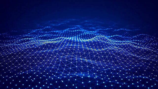 Abstract digital grid with glowing blue nodes and lines forming wave on dark background