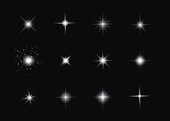 Fototapeta premium Collection of glowing white starburst and sparkle effects in varied shapes, ideal for Christmas, holiday graphics, luxury branding and digital artwork.