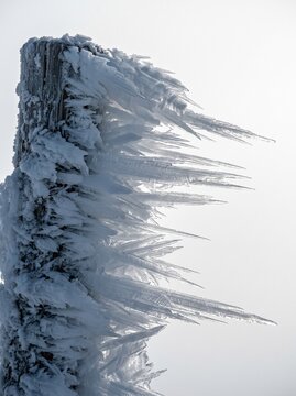 Rime feathers built out horizontally from a frozen summit post