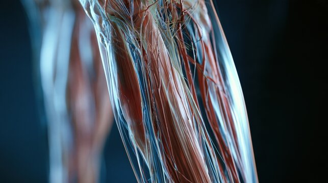 Restless Legs Awareness Day: 3D CGI cross-section render of a human leg showing muscle fibers, nerves, and blood vessels in layered transparency