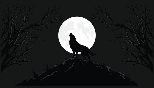 Silhouette of a wolf howling at the full moon on a dark night