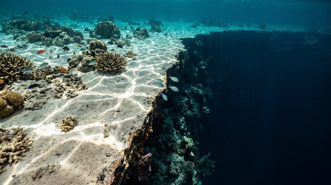 A blue hole rim dropping abruptly from shallow reef into the dark