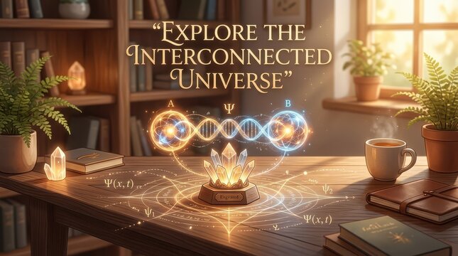 Mystical study of universal interconnectedness with DNA, glowing crystals, and ancient books, symbolizing knowledge and discovery.