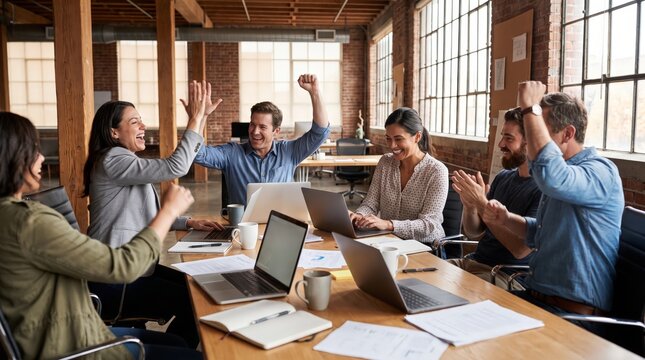 Business team celebrating office success