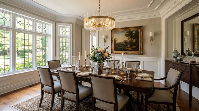 Elegant Dining Room Interior with Grand Table Setting and Chandelier
