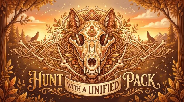 Mystical Wolf Skull Emblem with Celtic Knotwork and Howling Wolves Under a Sunset Sky, "Hunt With A Unified Pack" Text