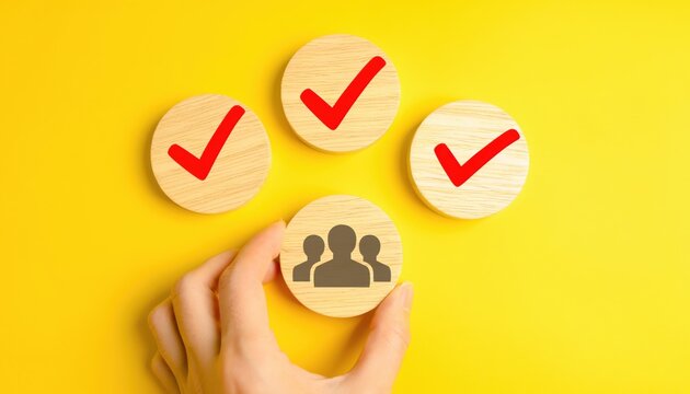 Hand holding a wooden block with a group of people icon surrounded by check marks on a yellow background