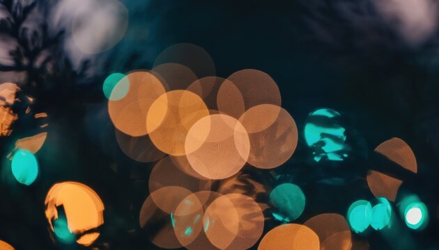 Abstract festive background with blurred golden and teal christmas lights bokeh