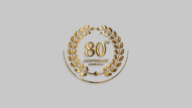 Luxurious golden 80th anniversary emblem animation featuring metallic numbers, laurel wreath, and star ornament for celebrations, weddings, commemorations, and events. 4k motion graphic with alpha cha