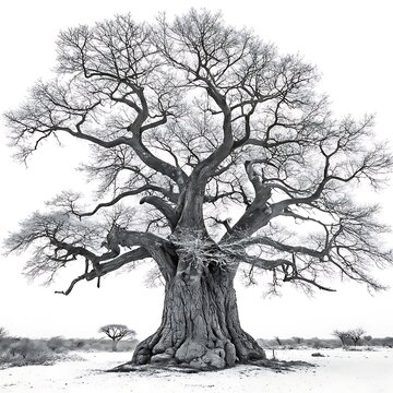 Massive old tree with thick twisted branches standing alone