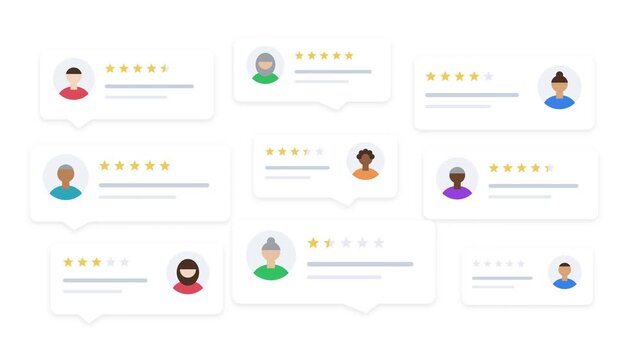 Customer Review Animation. Star Rating Testimonial Card Grid With Avatar Feedback On White Background. 4K Social Proof Motion Graphics Loop