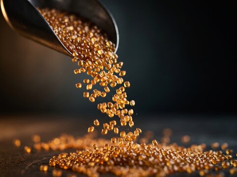 Bioplastic pellets translucent and faintly amber pouring from a scoop