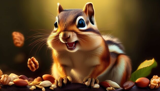 Cute 3D Chipmunk with Puffy Cheeks Smiling Happily While Surrounded by Various Nuts in Sunny Forest