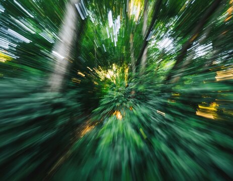 Abstract motion blur of green forest trees and sunlight