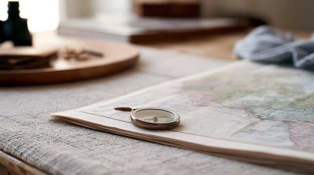 A vintage compass rests on an open travel map spread across a textured fabric surface  suggesting planning for a journey