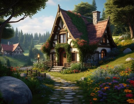 Charming fairytale cottage with a stone path and vibrant flower garden in a lush green forest landscape