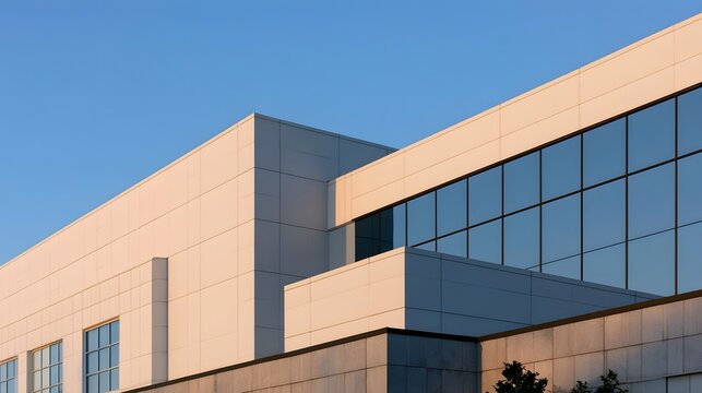 Modern building facade with glass and clean geometric lines under clear blue sky at golden hour