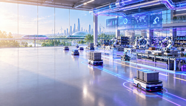 Futuristic automated smart factory floor with AMR logistics robots, robotic arms and data dashbords