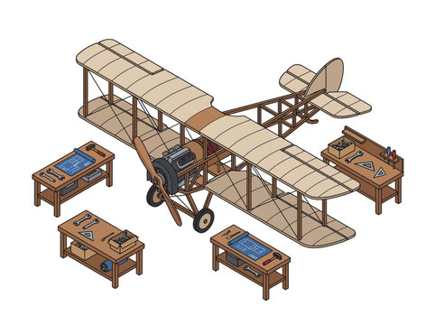 Vector illustration of a biplane assembly with blueprints and tools on workbench