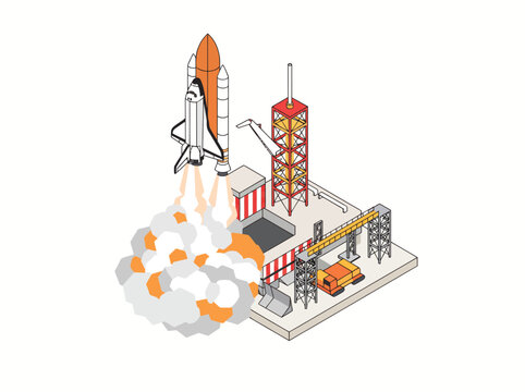 Space shuttle launch with rocket boosters, launchpad and vehicle, isometric vector illustration