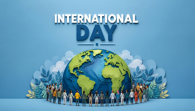 Diverse group of people standing around a large paper craft globe celebrating international day