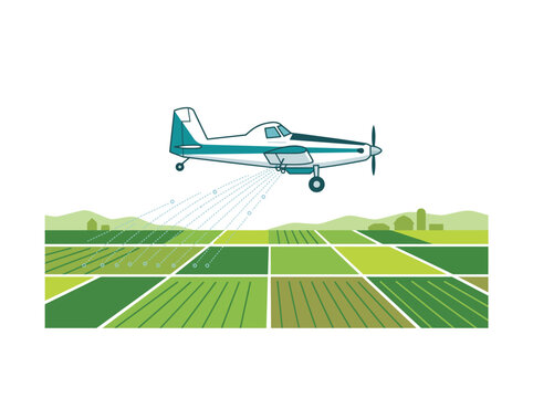 Airplane spraying agricultural fields with green crops for pest control and fertilization. Vector illustration.