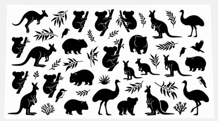 Obraz premium Animal Silhouettes Collection Featuring Cat, Dog, Bird, Bear, Horse, Elephant, Deer and Pig in Black Vector Illustration Icons for Wildlife and Pet Design