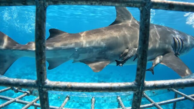 Shark cage diving adventure great white shark swimming in blue ocean water