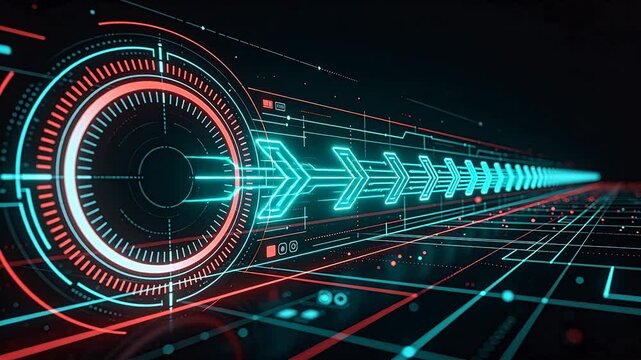 Sci-fi digital interface with glowing red cyan circular gauges arrows and grid