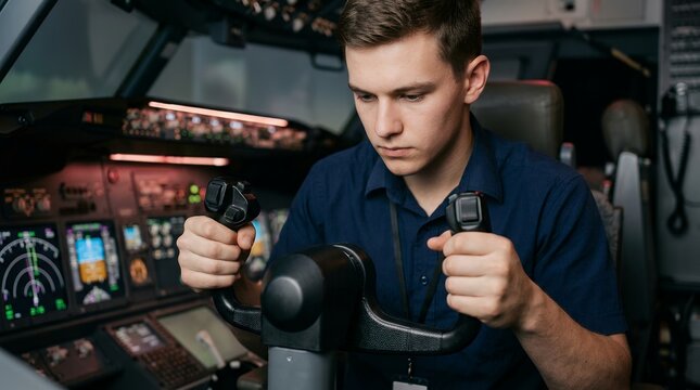 Aviation student training in a flight simulator cockpit using the control yoke.