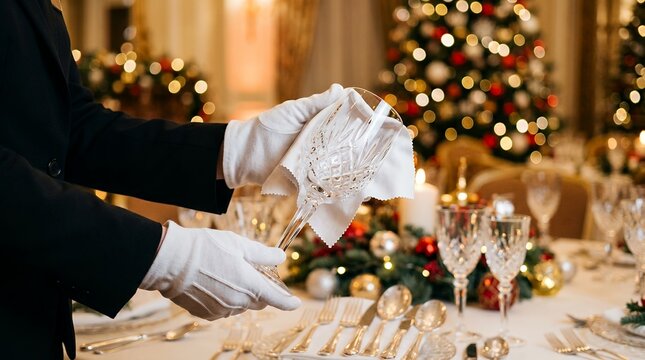 Banquet manager polishing crystal wine glass for luxury Christmas holiday dinner event.