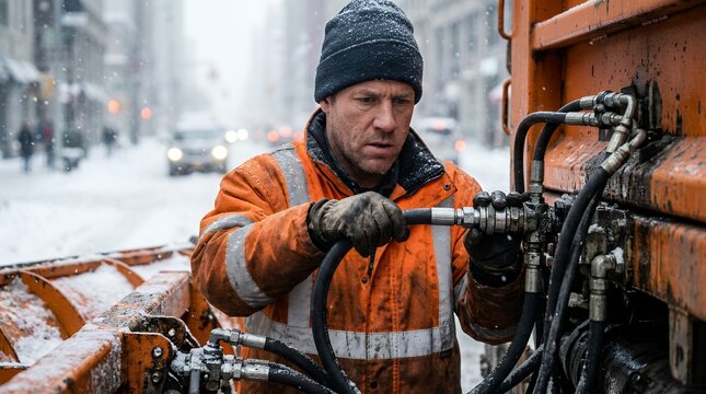 Municipal worker inspecting snow plow hydraulics during a winter storm in the city.