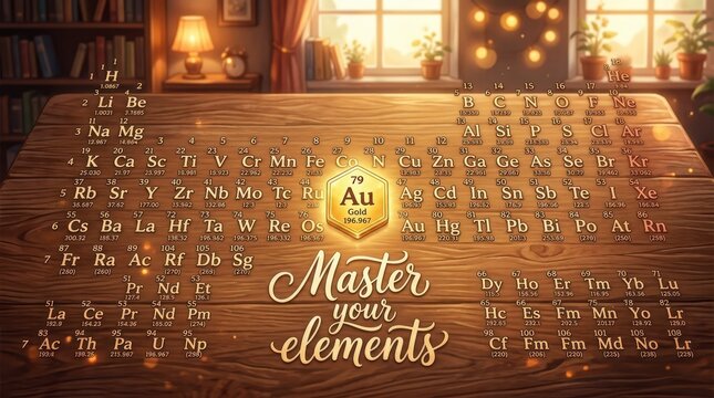 Periodic table of elements displayed on a wooden table with warm lighting, promoting learning and science