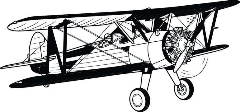 Vintage biplane aircraft flying on a plain white background