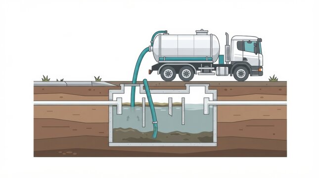 A truck is pumping out a septic tank while working on a residential drainage system in a neighborhood setting.