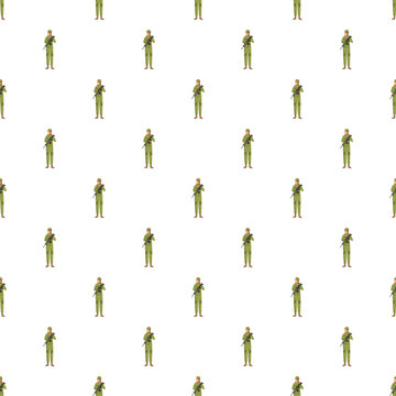 Repeating pattern of soldiers standing in green uniform with rifles