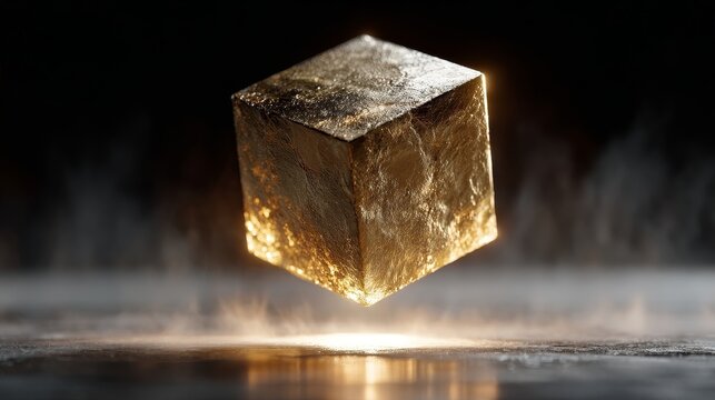 Levitating cube-shaped gold stone floating in mid-air with ethereal glow, soft volumetric light and subtle mist, cinematic composition with ultra-realistic texture and dramatic chiaroscuro