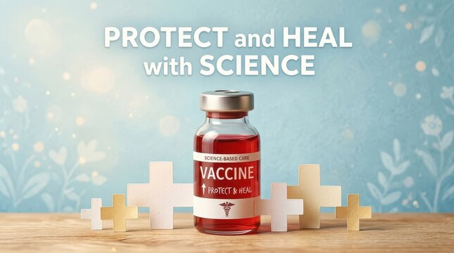 Protect and Heal with Science: A Vaccine Vial with Medical Cross Symbols on a Light Blue Floral Background