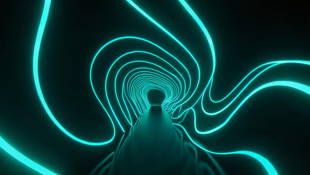 A 3D-rendered abstract scene showing a glowing turquoise neon curved tunnel receding into a dark space, creating a sense of depth and perspective.