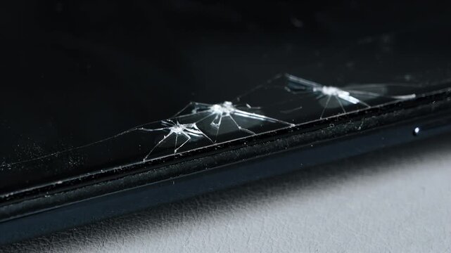 Broken screen protector on modern smartphone device, close-up view damage, fragile mobile technology glass surface shattering, digital communication equipment display destruction.