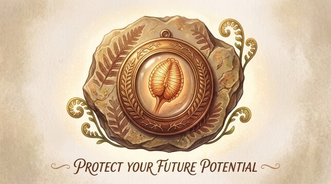 Symbol of Future Potential: A stylized brain encased in an ornate amulet on a stone with fern leaves, inspiring growth and protection