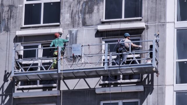 Construction workers on suspended platform perform facade maintenance on concrete building exterior during day, showcasing labor, safety equipment, and urban repair of structure.