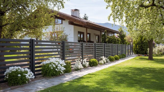 Garden fence front lawn horizontal planks anthracite gray modern outdoor barrier house roof spring yard privacy boundary contemporary landscape exterior clean design