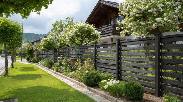 Garden fence front lawn horizontal planks anthracite gray modern outdoor barrier house roof spring yard privacy boundary contemporary landscape exterior clean design