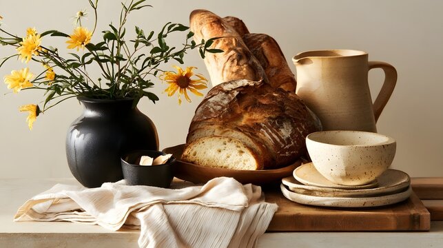 A rustic still life featuring fresh bread  yellow flowers in a vase  ceramicware  and a wooden board on a neutral surface