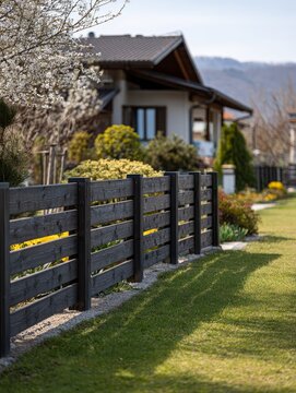 Garden fence front lawn horizontal planks anthracite gray modern outdoor barrier house roof spring yard privacy boundary contemporary landscape exterior clean design