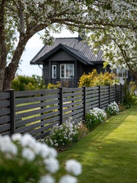 Garden fence front lawn horizontal planks anthracite gray modern outdoor barrier house roof spring yard privacy boundary contemporary landscape exterior clean design