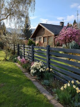 Garden fence front lawn horizontal planks anthracite gray modern outdoor barrier house roof spring yard privacy boundary contemporary landscape exterior clean design