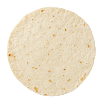 Single round plain flour tortilla, lightly toasted with golden-brown spots, is presented on a clean white background